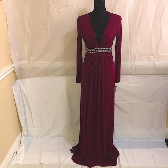 SKY Low-cut V-neck Long Sleeve Maxi Dress Burgundy Size XS - Picture 4 of 9